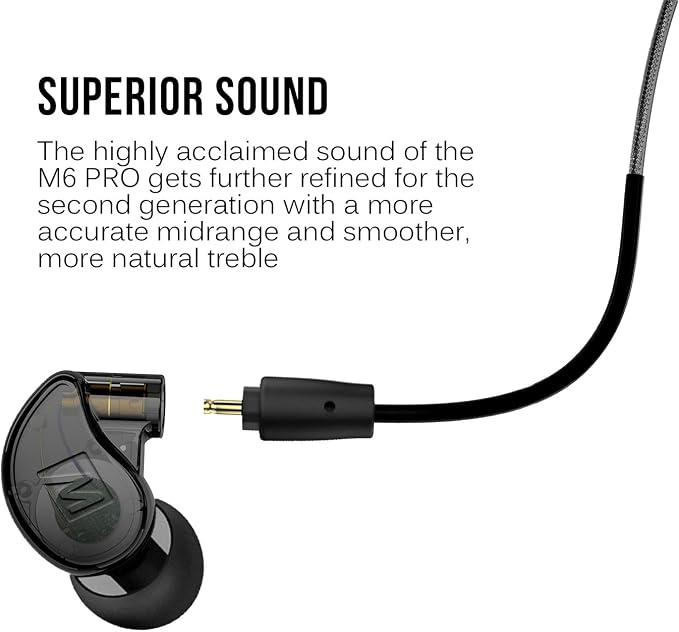 MEE audio M6 PRO In Ear Monitor Headphones for Musicians, 2nd Gen Model With Upgraded Sound, Memory Wire Earhooks & Replaceable Cables, Noise Isolating Professional Earbuds, 2 Cords Included (Black)