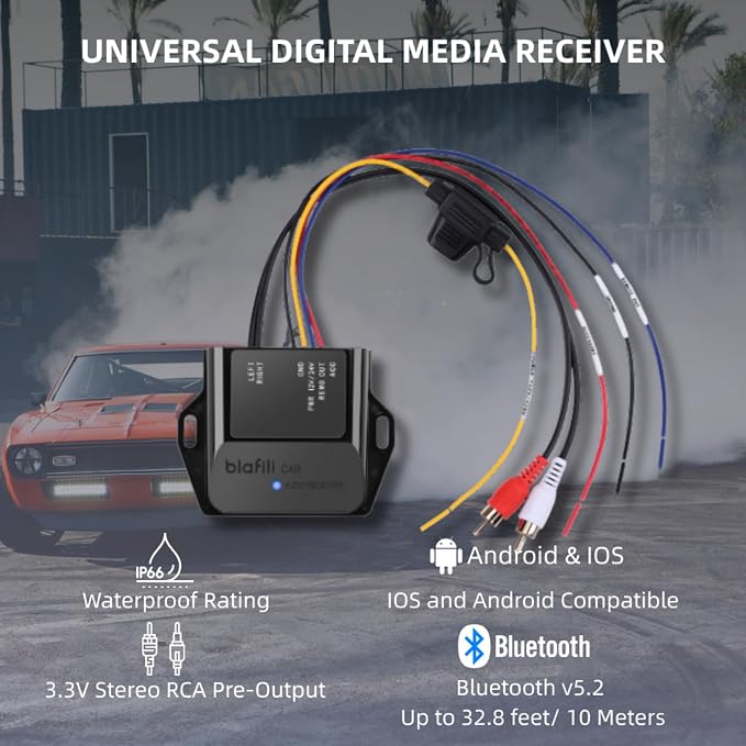 CAR Bluetooth Receiver with RCA Output for Car, Truck & Marine | Bluetooth 5.2, aptX Adaptive HD, 12V 24V compatible, ACC wire required, audio activated remote output, no micphone