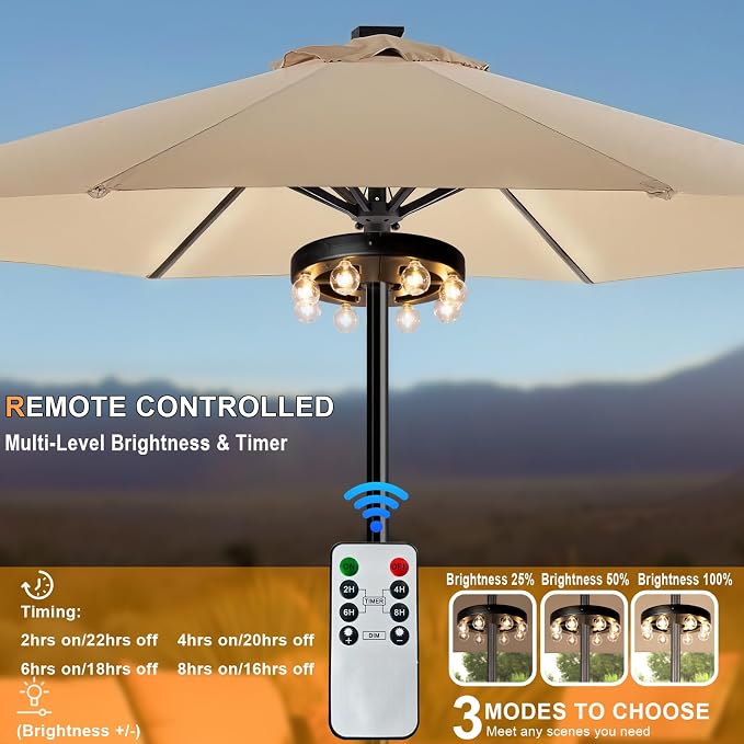 Umbrella Lights Outdoor Patio, Rechargeable Cordless with Dimmer &Timer, 8 Bright Warm White LED Bulbs Perfect for Garden, Backyard, Camping, BBQ or Indoor Use