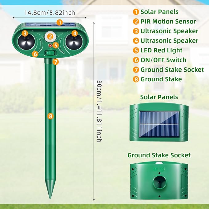 2026 Upgraded Solar Ultrasonic Animal Repellent Motion Activated Deer Repellen Outdoor with Adjustable Frequency Cat Deterrent to Keep Dog Raccoon Squirrel Rabbit Away from Yard Garden 4 Pack