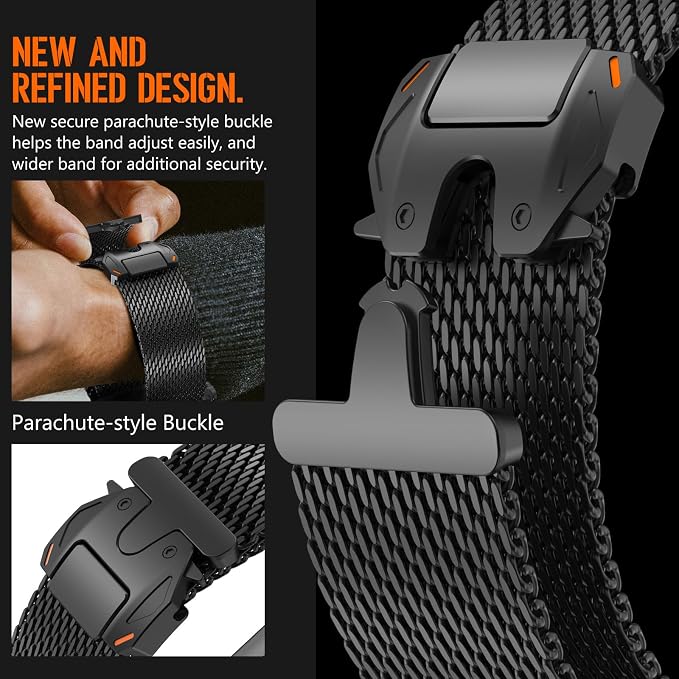 FULLIFE Milanese Mesh Loop for Apple Watch Band Apple Watch Ultra 3/2/1 Band 49mm 46mm 45mm 44mm Men Women, Stainless Steel Metal Band Parachute-style Buckle for iWatch Series 11 10 9 8 7 6 SE3 5 4 3