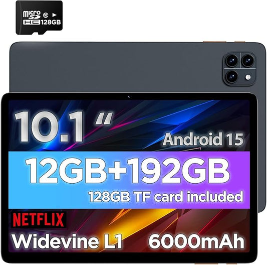 Callsky-Tab Tablet 10 Inch, Android 15 Tablet, Octa-core Processor, 12GB RAM+192GB ROM (64GB ROM+128GB TF Card Included), Widevine L1, 1280x800 IPS HD Display, 6000mAh, Dual Camera(Space Gray)