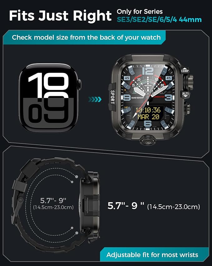 Goton Rugged Case and Band Kit with Screen Protector for Apple Watch 44mm, Compatible with Apple Watch SE 3/2/1 Series 6/5/4, Full Body Shockproof Metal+PC Bumper Cover with Soft Band, 44mm Black
