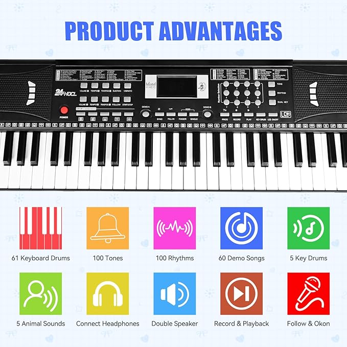 Keyboard Piano 61 Lighted Keys, Electric Keyboard Kit with 100 Voices, 100 Rhythms - Built-In Speaker, Microphone, Sheet Stand and Power Supply, Gift for Children Beginners [Black, Piano Only]