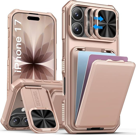 SSLOTSCASE for iPhone 17 Wallet Case with Kickstand & Sliding Camera Lens Cover & Card Holder & Camera Stand, Heavy Duty Shockproof Military-Grade Protection Case Cover for iPhone 17 2025, Rose Gold