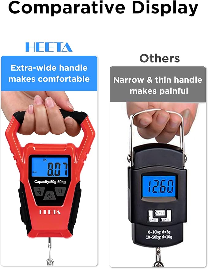 HEETA Waterproof Fish Scale Digital with Backlit LCD Display, 110lb/50kg Portable Hanging Scale Fishing Scale for Home and Outdoor, Measuring Tape and 2 AAA Batteries Included