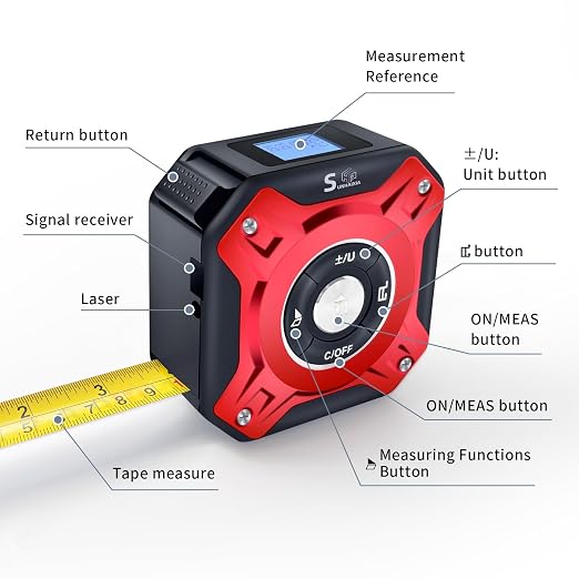2 in 1 Laser Tape Measure with Level | 131ft/40M Laser Distance Meter Display On Backlit LCD Screen with 16ft/5m AutoLock Measuring Tape | Ft/Inch/Fractions/M/mm (Red 2in1 Laser)