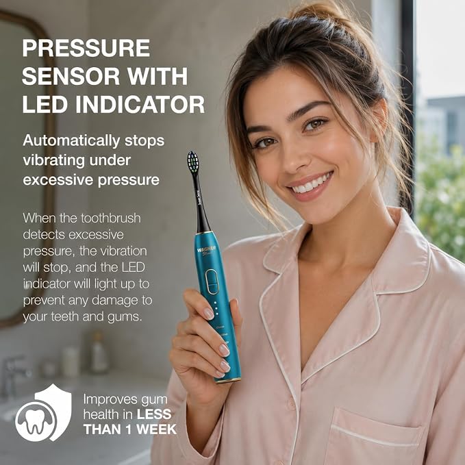 Wagner Stern IntelliBrush Series Whitening Electric Toothbrush with Pressure Sensor. Offers 4 Brushing Modes, 3 intensities, 8 Soft Brush Heads, and a Luxury Travel case.
