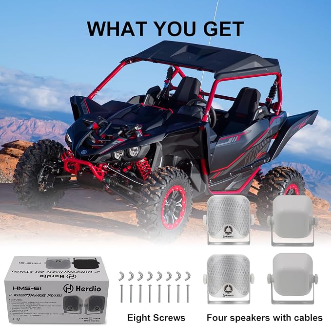 Herdio 4 Inches Heavy Duty Waterproof Boat Marine Box Outdoor Speakers Surface Mounted for Skid Steer ATV UTV RZR RV Golf Cart Tractor Powersports Boat Truck Jeep(4 White Speakers)