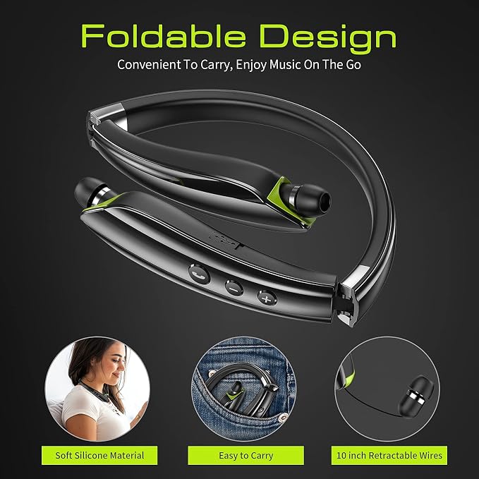 Bluetooth Headset, 2026 Upgraded Neckband Bluetooth Headphones with Retractable Earbuds, Noise Cancelling Stereo Earphones with Mic, Foldable Wireless Headphones for Sports Office w/Carry Case(Black)