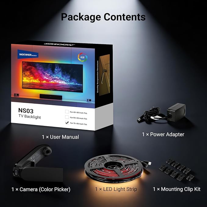 NEEWER Basics TV Backlight for 75"-85" Screens, 16ft/5m LED RGB Light Strips with Sensor Change with TV, Scheduled On/Off, Zero Delay Color Sync, Music Sync, 24 Scenes, Supports App Control, NS03