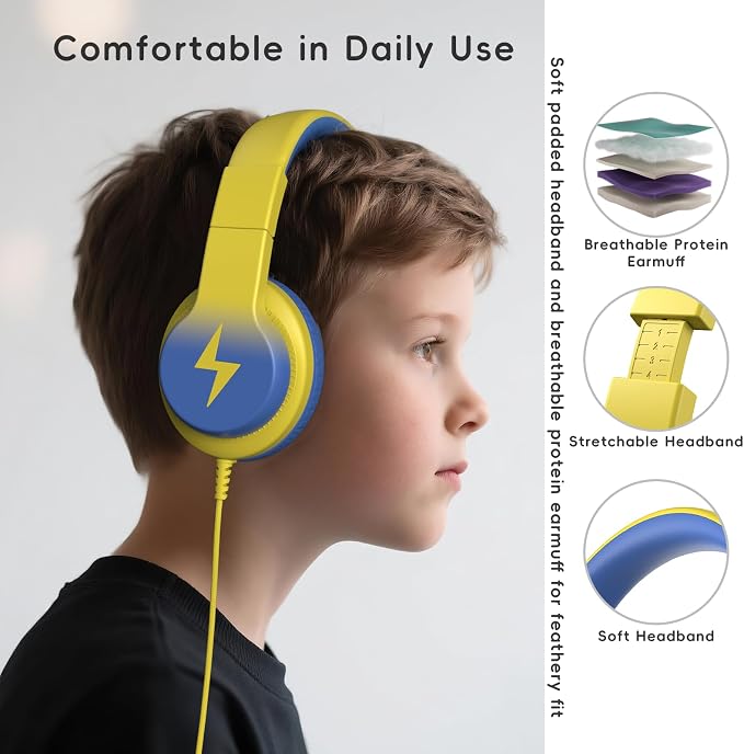Candy Bila Kids Headphones, Wired Headphones for Kids Over Ear with Microphone, 85/94dB Volume Headphone for Girls Boys, Foldable Headphone for Learning & Entertainment, Light Yellow