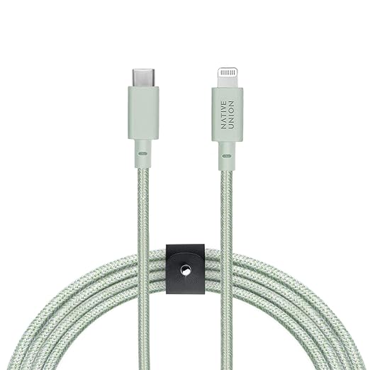 Native Union Belt Cable USB-C to Lightning - 10ft Ultra-Strong Reinforced Cable [MFi Certified] for iPhone 14, Phone 14 Plus, iPhone 14 Pro, iPhone 14 Pro Max, iPhone 13 and Earlier (Sage)