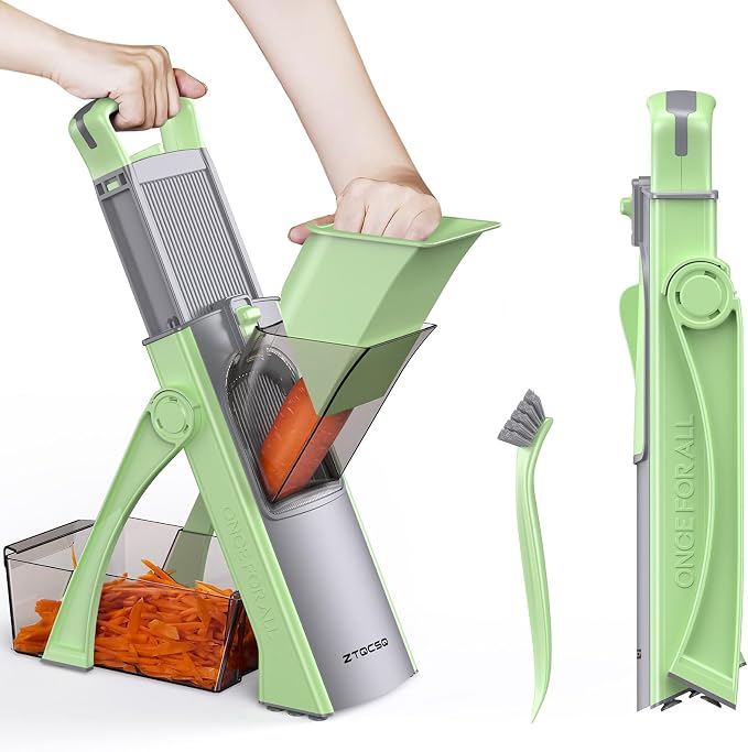 [All in 1] Upgraded Version Safe Mandoline Slicer for Kitchen, Adjustable Thickness. Veggie Slicer, Rapid Prep Mandoline, Detachable Blade, Cleaning Brush (Green)