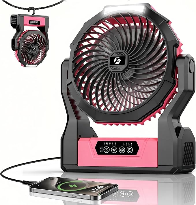XZK 24000mAh Rechargeable Camping Fan, 64H Runtime Battery Powered Portable Travel Fan with LED Light, Tent Fans for Indoor,Outdoor,Fishing,Jobsite & Hurricane Emergency,Gifts for Men Dad Him,Pink