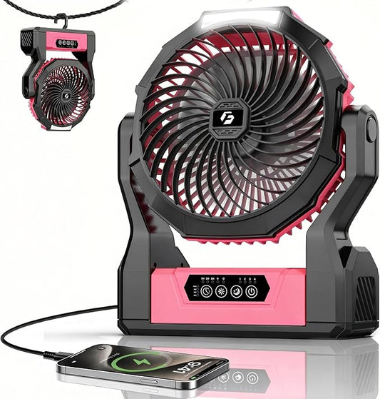 XZK 24000mAh Rechargeable Camping Fan, 64H Runtime Battery Powered Portable Travel Fan with LED Light, Tent Fans for Indoor,Outdoor,Fishing,Jobsite & Hurricane Emergency,Gifts for Men Dad Him,Pink