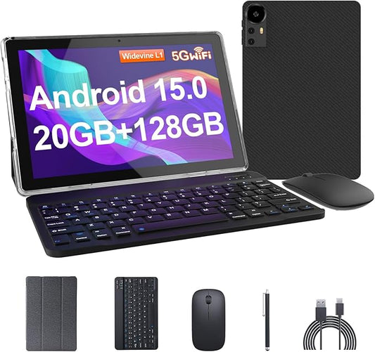 Tablet 10.1Inch Android 15.0, RAM 20GB(4+16Expand)+ROM 128GB, 6000mAh Battery, 2+8MP Dual Camera, 1280*800 IPS HD Touch Screen Tab PC Set with Keyboard+Mouse+Protective Case+Stylus (Black)