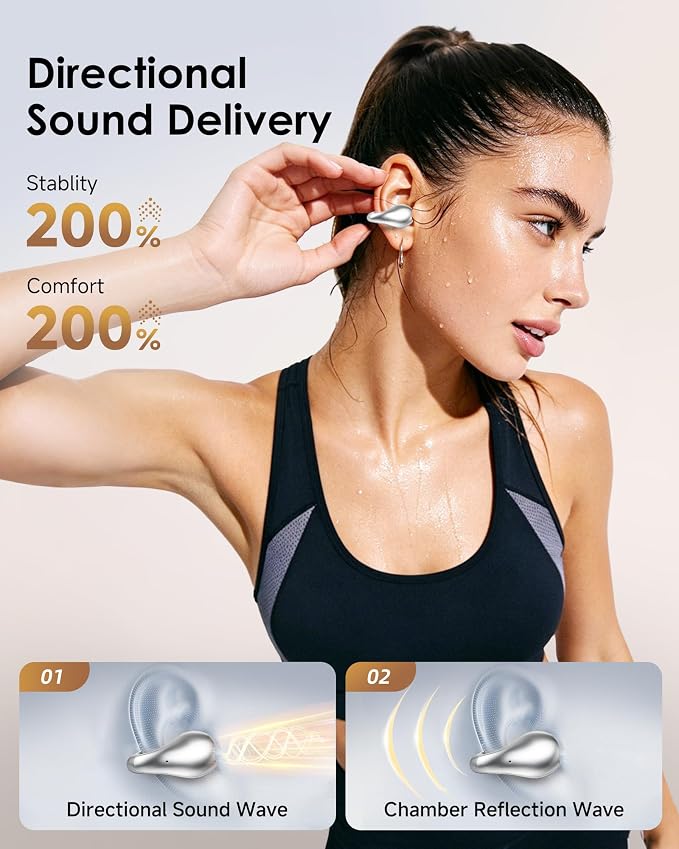 King Lucky Clip-On Earbuds,Comfort Air Cushion Open Ear Earbuds Wireless Bluetooth 6.0 Multipoint, Open Ear Headphones with Mic,Anti-Mistouch,45H Playtime for Sports,Small Ears&Sleep (Silver)