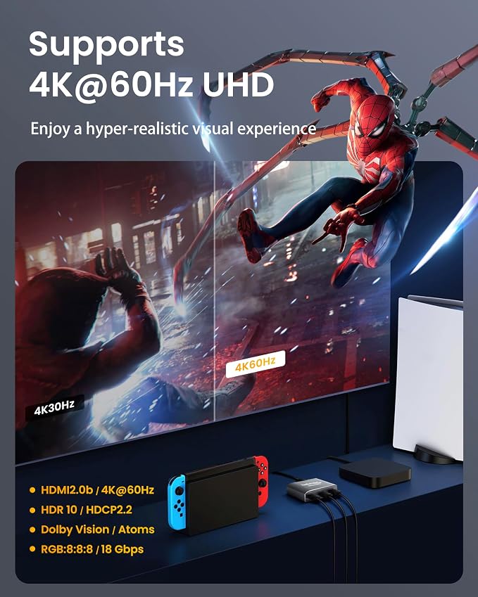 avedio links HDMI Switch 3 in 1 Out 4K@60Hz Aluminum Alloy【with 4FT HDMI 2.0 Cable】, 3x1 4K HDMI Switch Box, 3-Port HDMI Selector Switcher Support HDCP 2.2, HDR 10, for Fire TV Stick, PS5