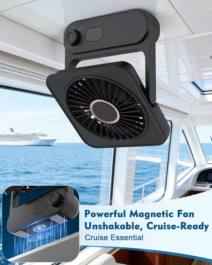 Magnetic Cruise Desk Mini Fan, 4000mAh Ultra-Slim Travel Fan Rechargeable, 0-100 Speeds, 150° Adjustable Portable Fan for Ship Cabin, Bedroom Sleeping, Camping, Travel & Cruise Essentials 2026, Black
