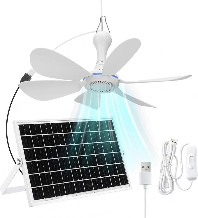Tujoe 1 Set Solar Powered Ceiling Fan Kit for Outdoor,Portable 15W Solar Panel Powered USB Small Hanging Fan,Dual Charging Modes,for Chicken Coop, Tent,Greenhouse, Shed, Gazebo