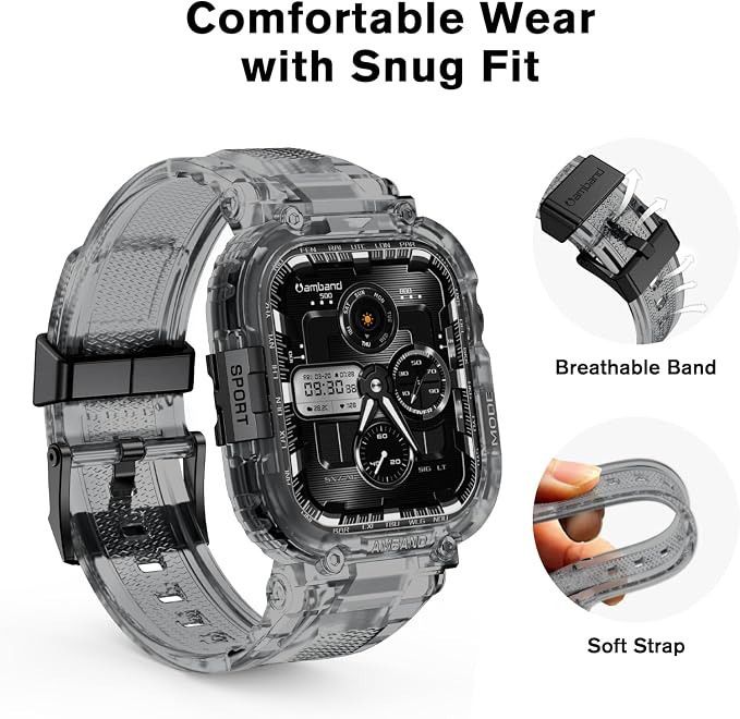 amBand Bands Case Compatible with Apple Watch Series 11/10 46mm, M1 Sport Rugged Heavy Duty Cover Tactical Strap Military Grade Protective Bumper Protector for iWatch 46 mm Men, Crystal Black