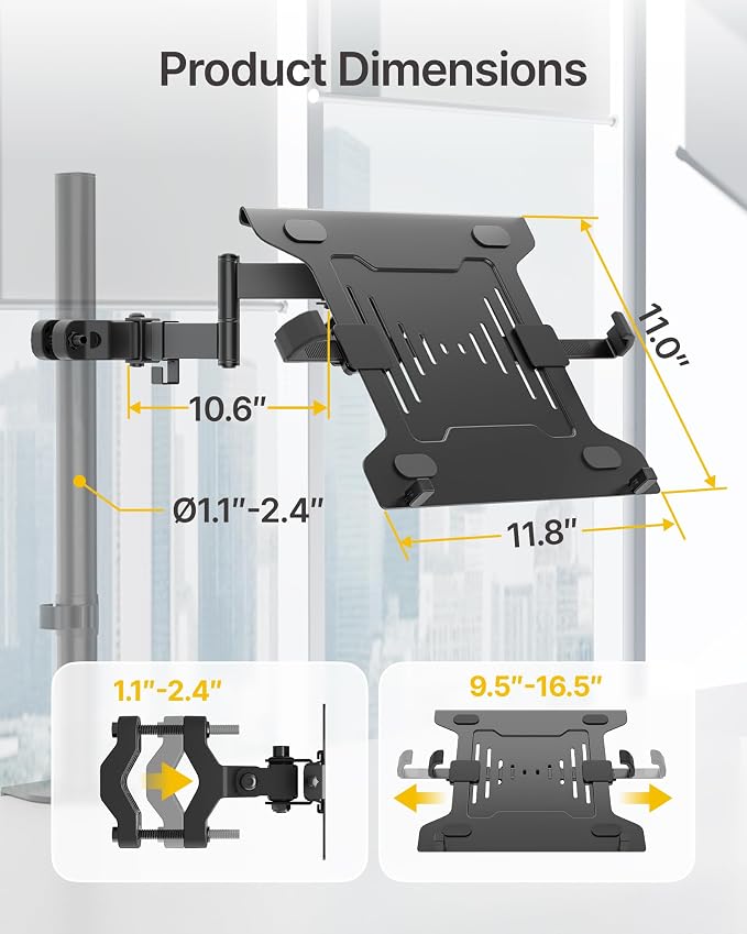 monTEK 2-in-1 Universal Laptop Pole Mount Tray for 10”- 15.6” Notebook or 17”-32” Monitor, Full Motion Laptop Mount with Removable 75/100mm VESA Plate, Fits 1.1”-2.4” Pole Diameter, Black