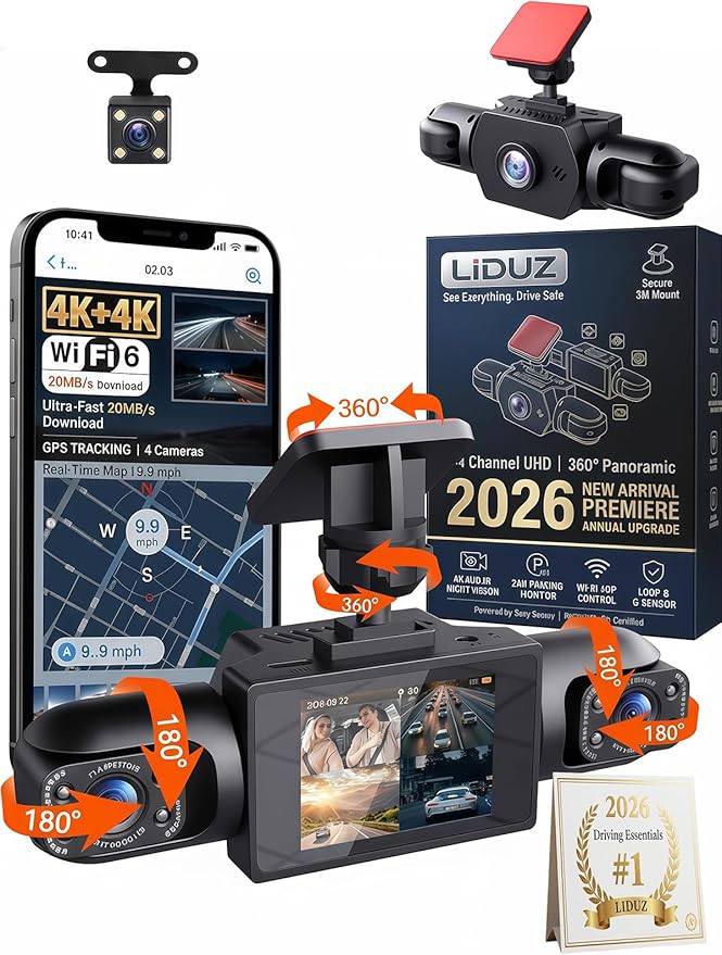Wireless Dash Cam Front and Rear No Wires, 4K 4-Channel Full View Car Dashcam System, 360 Degree Driving Recorder with Night Vision, Parking Monitor, G-Sensor, Motion Detection