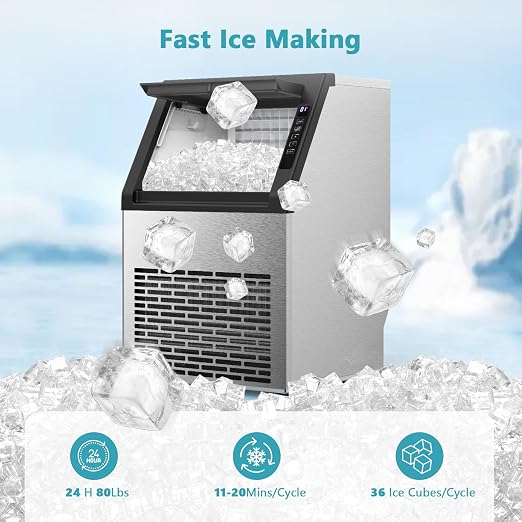 Commercial Ice Maker Machine, 80Lbs/24H Under Counter Ice Maker, Freestanding with Ice Thickness Control & Stainless Steel, 36 Cubes in 15 Mins, 28Lbs Storage Capacity, for Home, Bar, Cafe, Offices