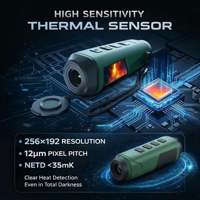 High-Sensitivity Handheld Thermal Monocular,Thermal Night Vision Imaging Monocular with Heat Vision for Hunting, 8X Digital Zoom, Adjustable Palettes & Brightness, 15mm Focal Length 256x192