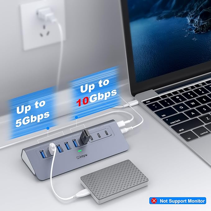 Powered USB Hub 10Gbps, intpw YH6AC 9-Port USB HUB with 10Gbps USB A/USB C 3.2, 4 USB 3.0, 2 PD 45W Charging Port, 65W Power Adapter + 5FT Cable, Aluminum USB Hub for Laptop, PC,iPhone 17/16