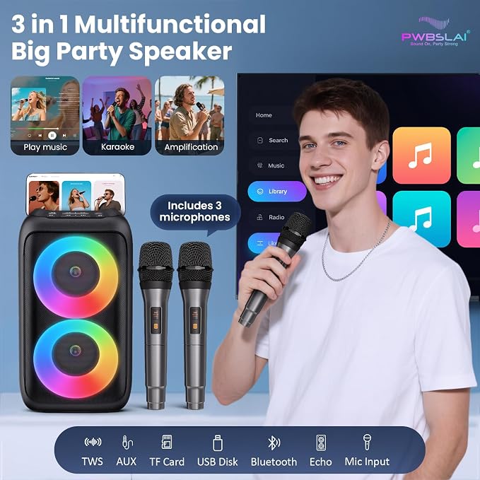 Bluetooth Speaker with 3 Wireless Microphones，Portable Party Speaker for Adults & Kids with Lights,Speakers Bluetooth Wireless，Floorstanding Speakers Support TWS/AUX/USB/TF Card for Home Party Gift