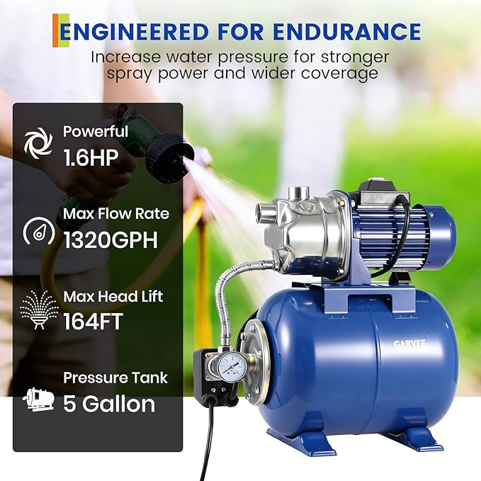 Garvee 1.6 HP Shallow Well Pump with Pressure Tank, 1320 GPH, Water Jet Irrigation Pump, Automatic Pressure Switch, Stainless Steel, for Home, Farm, Garden & Yard, Blue