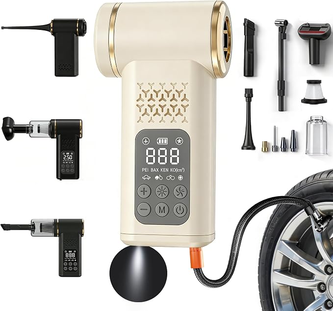 Car Tire Inflator- Vacuum Cleaner- Air Compressor 3-in-1 150PSI Air Pump Cordless Rechargeable USB Portable Battery Operated Inflatables for Car, Motorcycle, Bike, Balls