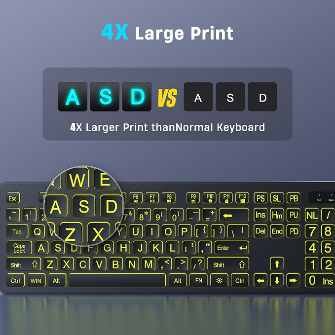 Large Print Wireless Keyboard and Mouse - 7 Colors Backlit Keyboard, Oversize Letters Keys Easy to See and Type, Rechargeable Keyboard and Mouse with Light Up Key, Compatible for PC, Windows, Gaming
