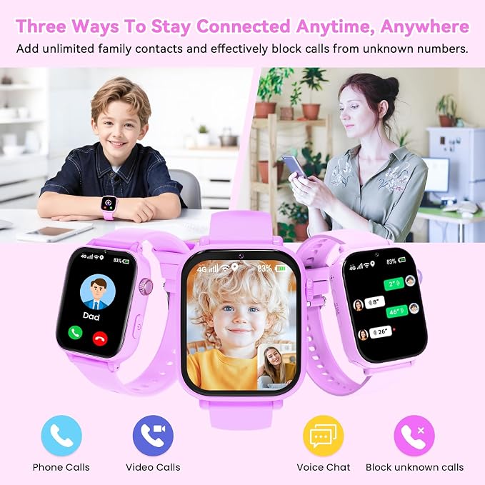 4G Kids Smart Watch Phone GPS, Smartwatch for Boys Girls Ages 4-12 Years with Video Call Chat Class Mode SOS Camera Alarm Games Parental App Touch Watch Gifts for Children (Includes SIM Card) Purple