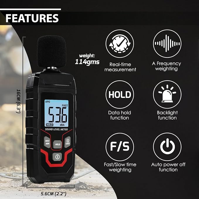 Decibel Meter Digital Sound Level Meter with Backlit LCD Screen, 30~130dB Sound Decibel Meter, SPL Meter with Fast&Slow, MAX/MIN/HOLD Mode, Portable Sound Meter for Home Theater Office Studio