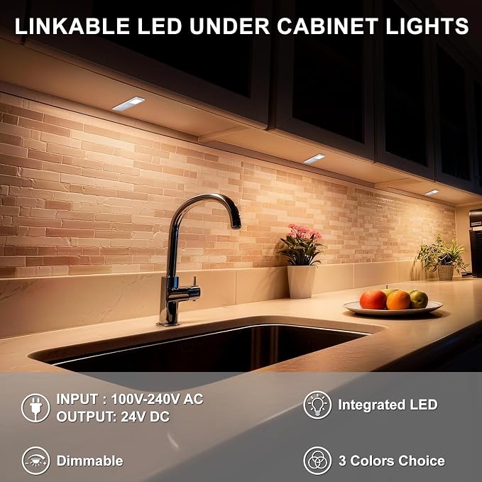 Under Cabinet Lights, 15W Plug in Linkable LED Dimmable Hardwire Under Cabinet Lighting for Counter Closet Bookshelf Shelf, 0.28 inch Ultra Thin, 3000K/4000K/5000K, 3-in-1, Silvery, ETL