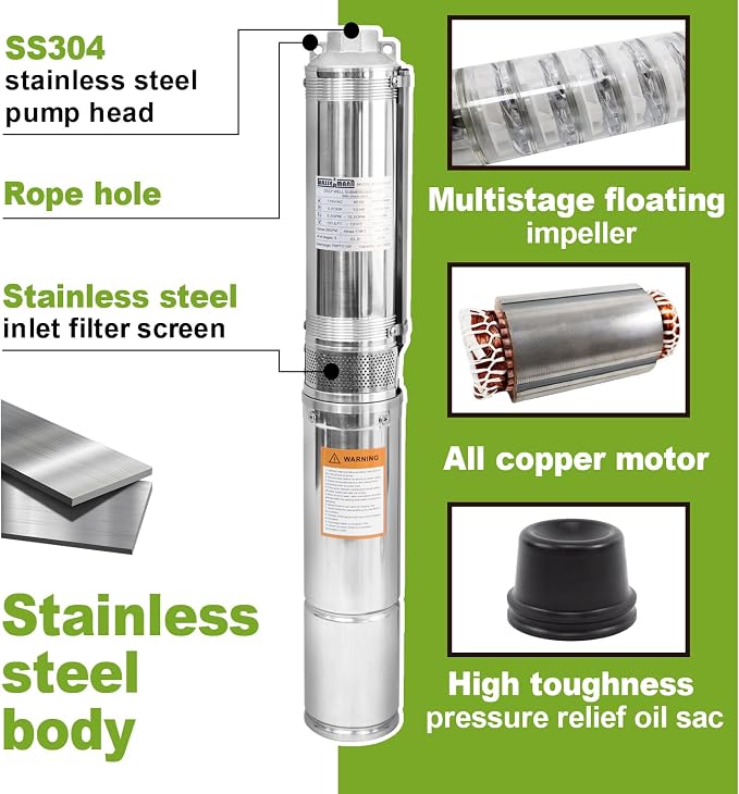 WASSERMANN 4" Deep Well Pump Submersible Well Pump with 10FT Cable,1/2HP,115V/60Hz,28GPM,179FT Head,Stainless Steel Submersible Borehole Well Water Pump for Home Farmland Irrigation and Factories