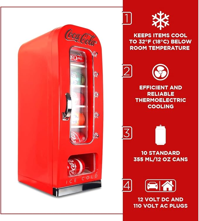 Coca-Cola AC/DC Retro Vending Electric Cooler with 10 Can Capacity - Beverage Vending Machine with Thermoelectric Cooling and Tall Window Display