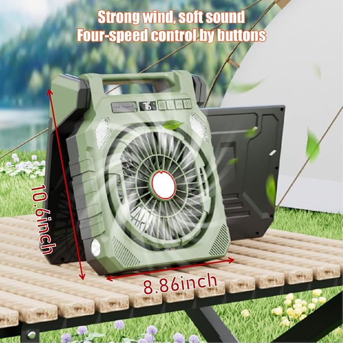 Solar Camping Fan, 25000mAh Dual-Panel Solar Powered Fan with LED Light, Portable Rechargeable Fan with 4 Speeds, 3-in-1 Multi-Function for Camping, Home, Travel & Outdoor Use