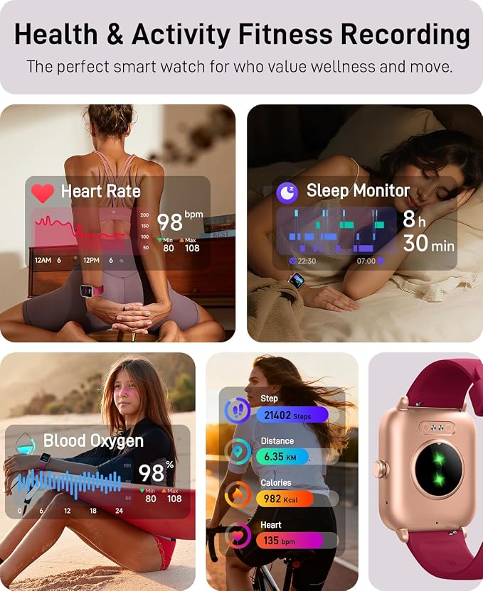 Hingso Smart Watches for Women, 1.85" Fitness Tracker for Android & iPhone | Bluetooth Call & Text Alert, Alexa Built-in, 24/7 Heart Rate/SpO2/Sleep/Cycles Monitor, 120+ Sports, IP68 Waterproof, 2 Bands