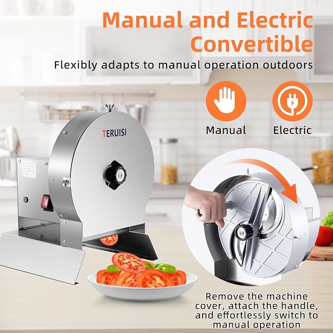 Electric Vegetable Slicer, 120W Commercial Fruit Cutter Machine with 0-0.5'' Thickness Adjustable, Stainless Steel 2 IN 1 Manual & Electric Food Slicer for Lemon Potato Onion Tomato, 110V