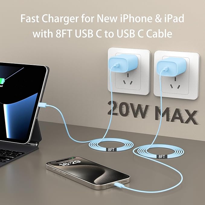 iPhone 17 16 15 Charger Fast Charging, 8FT iPhone 17 Pro Max Charging Cable(65W/3A) Long USB C Cord with 20W PD Fast iPhone 17 Pro Max Charger Block for iPhone 17/17 Pro Max/17 Air/16/15 Series, iPad