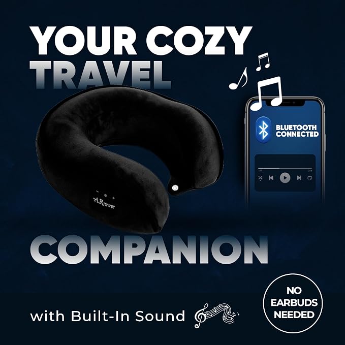 Bluetooth Music Neck Pillow Plus+ Thicker Support Wireless Bluetooth Speaker Suitable Airplane,Train,Car,Office,Outdoor Camping for Sleeping, Resting The Best Travel Essentials. (Black)