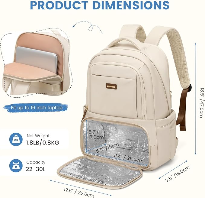 GOLF SUPAGS Lunch Backpack 16 Inch Laptop Backpack with Insulated Cooler Lunch Box Food Bag for College Work Camping Picnics (Apricot)