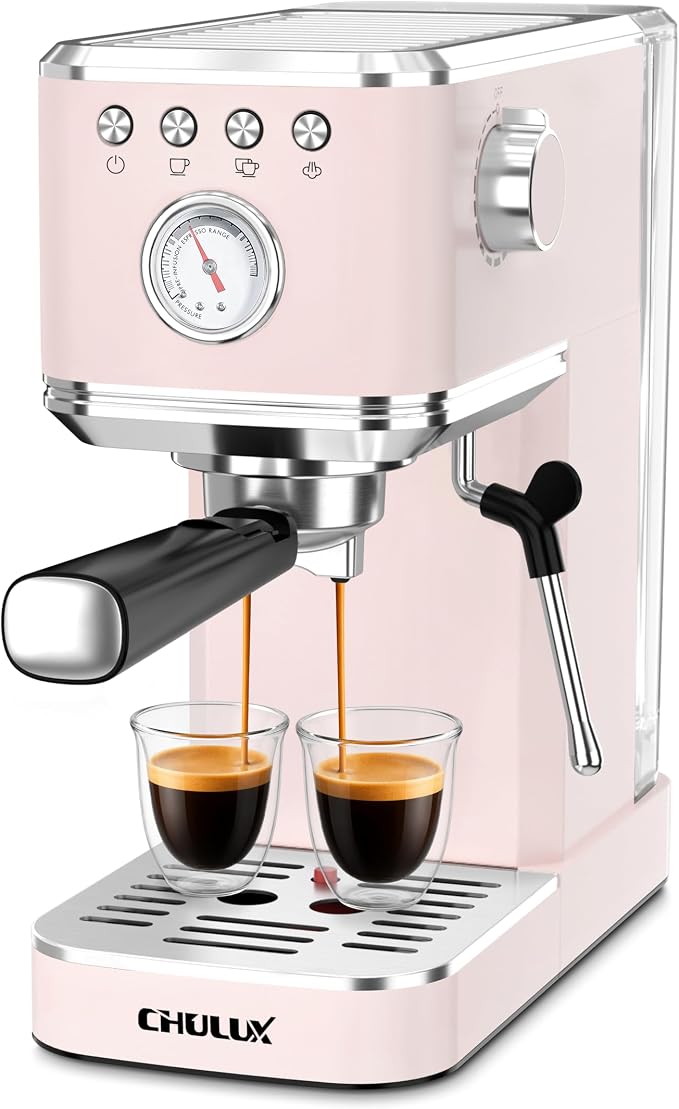 CHULUX Slim Espresso Machine with Milk Frother, 20 Bar Professional Italian Pump Espresso Coffee Machine for Home Cappuccino & Latte Maker, Stainless Steel, Pink