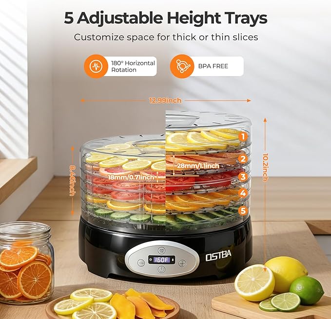 OSTBA Food Dehydrator, 5 BPA-Free 12.2" Trays, Adjustable Temp 95–160℉, 48H Timer, 420W Food Dryer for Fruits, Veggies, Jerky, Herbs, Home Use, BPA-Free