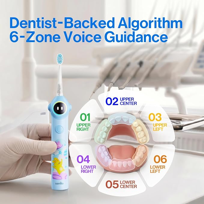 usmile Q30 Kids Sonic Electric Toothbrush, Voice-Guided Full-Mouth Coaching, Missed Spot Alerts & Smart App Reports, Extra-Soft Brush Heads, USB-C Rechargeable, IPX8 Waterproof (Ages 3–12, Blue)