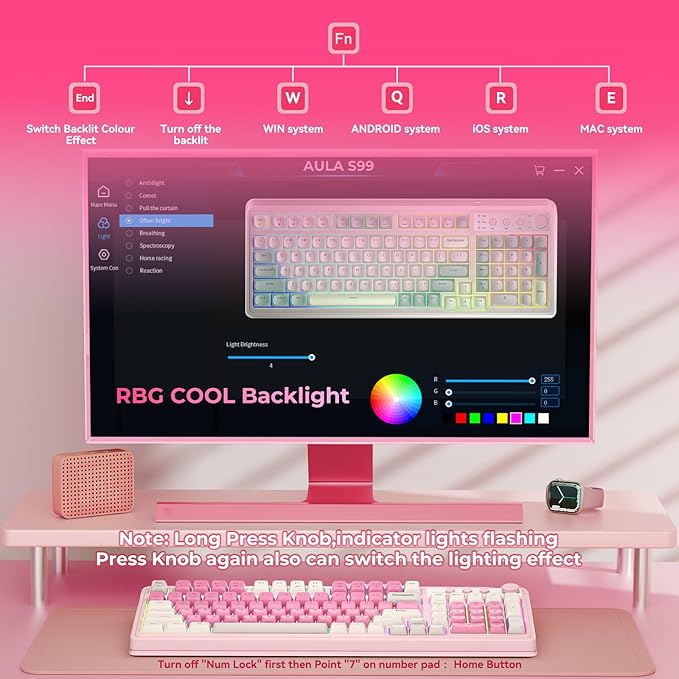 AULA S99 Gaming Keyboard, Wireless Computer Keyboards, Tri-Mode Bluetooth Creamy Custom Keyboard with Number Pad, RGB Backlit Media Knob Cute Programmable Keyboard for PC Gamer - Gradient Blue
